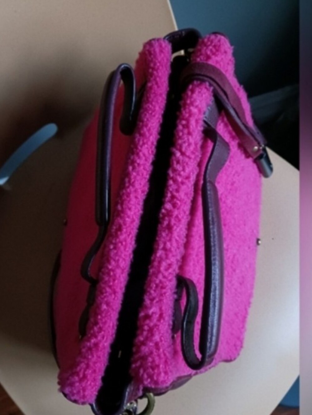 Jerome Dreyfuss Johan Pink Sherpa/ Burgundy Leather Crossbody Bag. - Picture 10 of 16